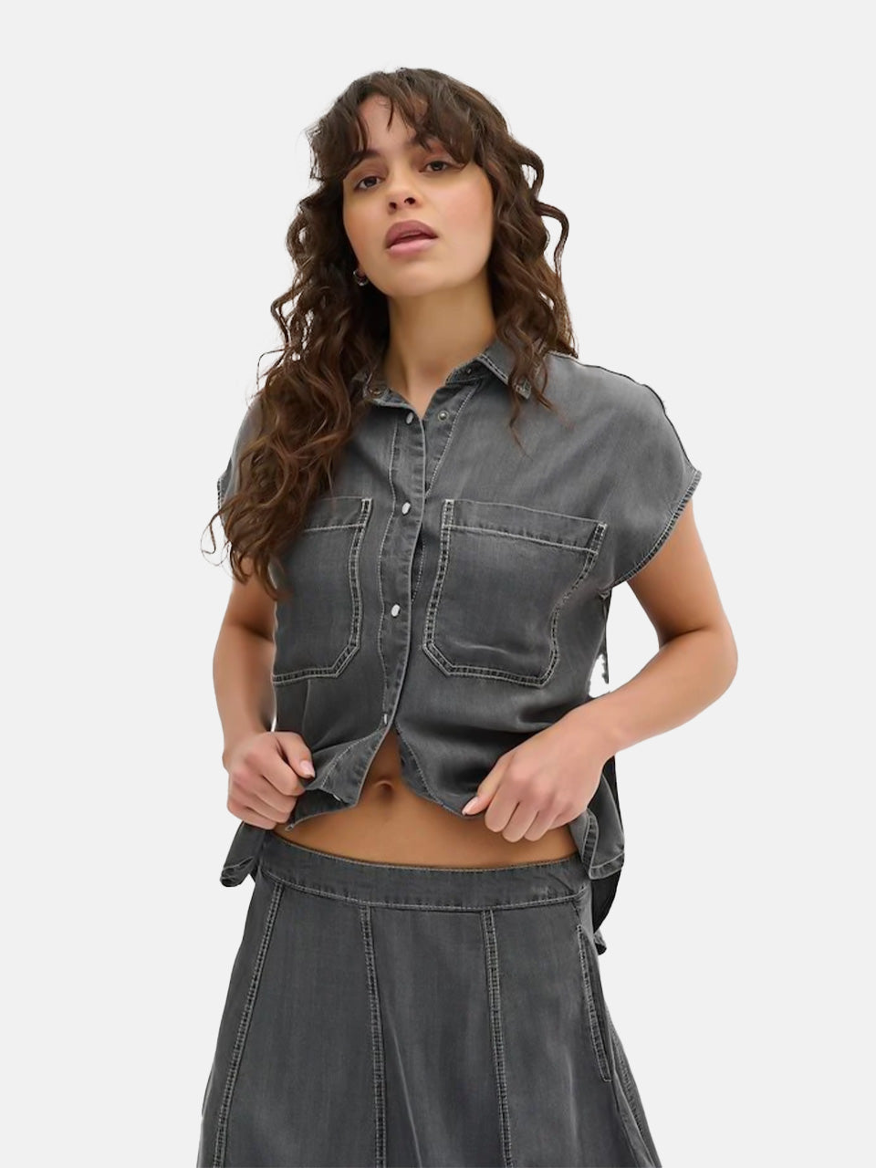 Grey Wash Short Sleeve Denim Shirt by My Essential Wardrobe