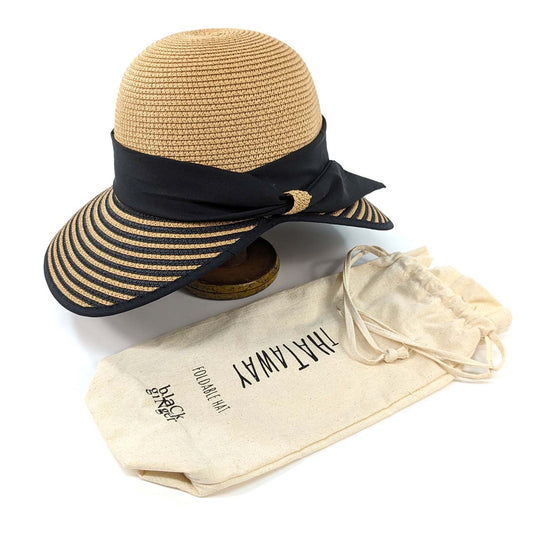 Dark Natural Striped Open Back Foldable Hat by Black Ginger