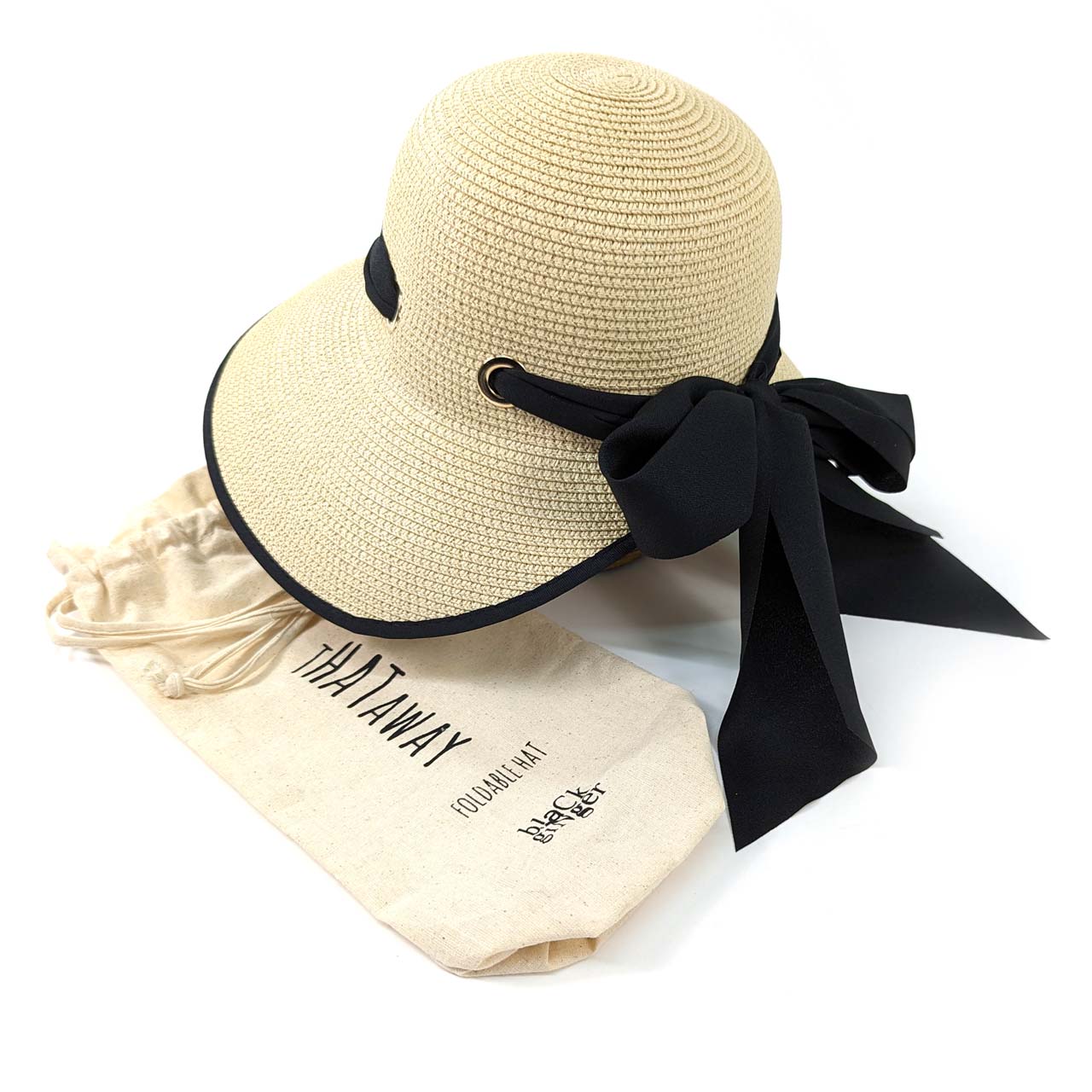 Natural Black Ribbon Open Back Foldable Sun Hat by Black Ginger