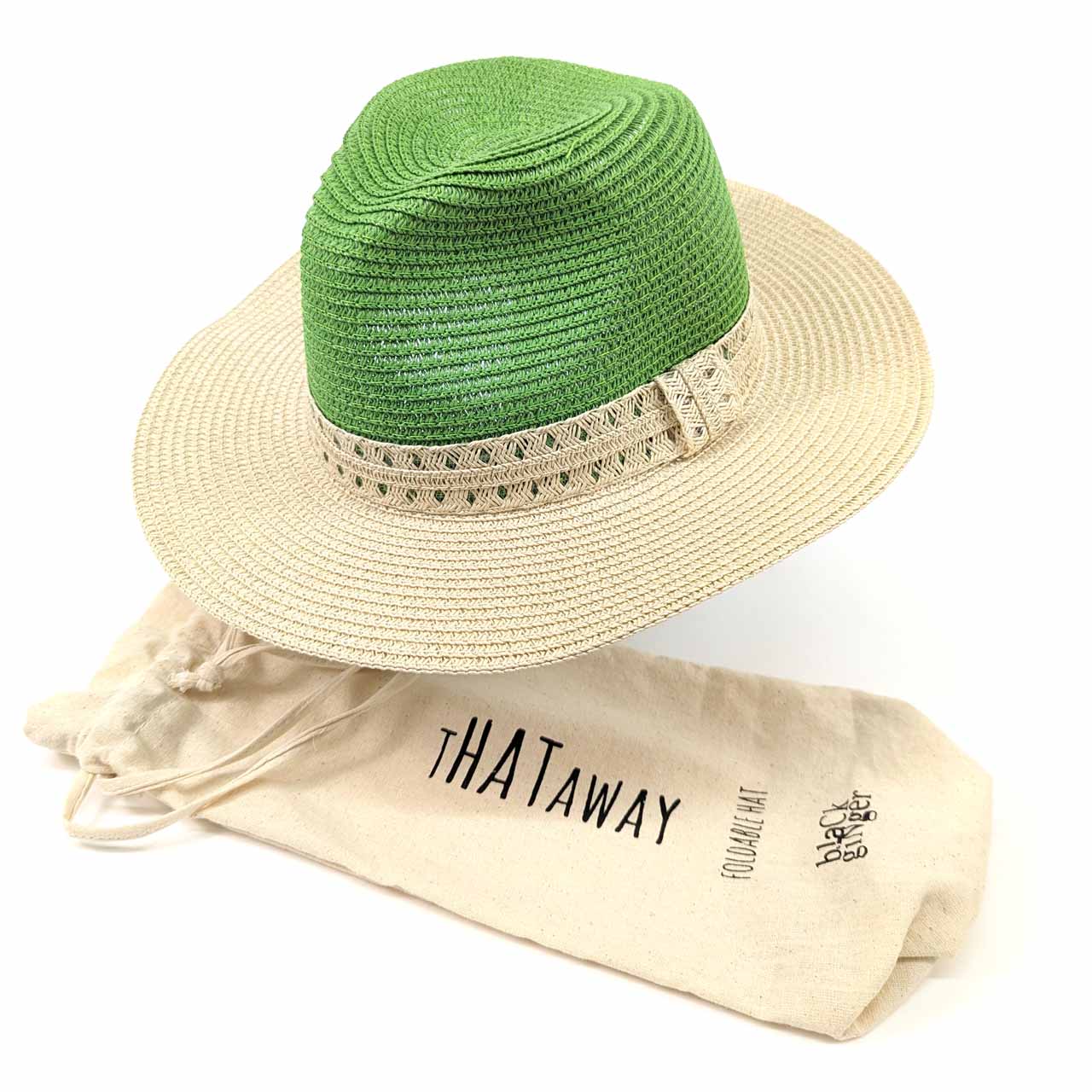 Natural / Sage Green Vintage Two Tone Panama Foldable Hat by Black Ginger