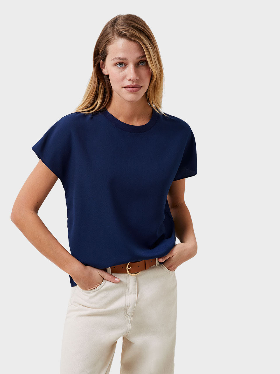 Crepe Light Crew Neck Top in Midnight Blue by French Connection