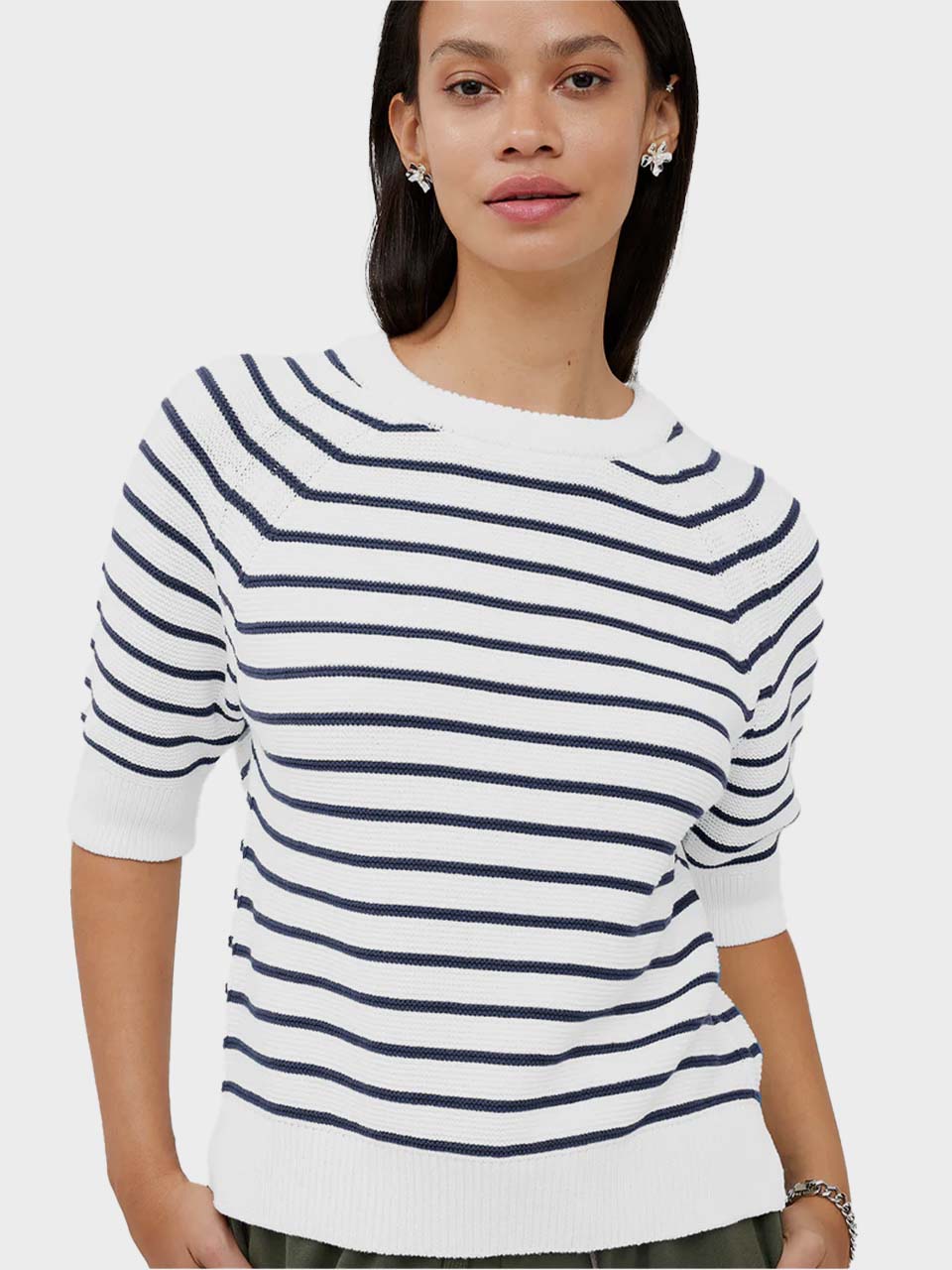 Lily Mozart Striped Short Sleev Jumper in Summer White/Utility Blue by French Connection