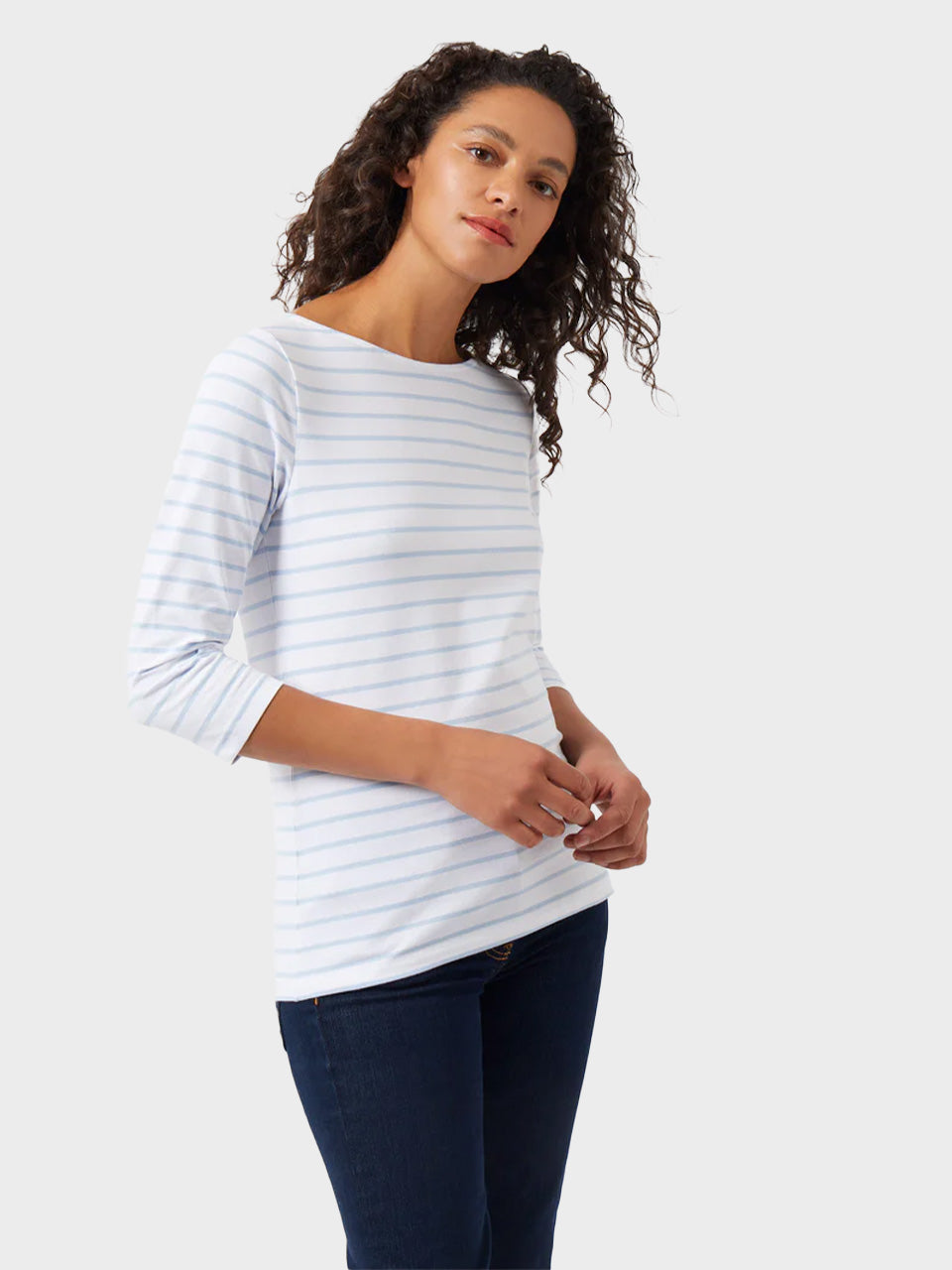 White with Powder Blue Stripes Hollie Core 3/4 Length Sleeve Striped Top by Great Plains