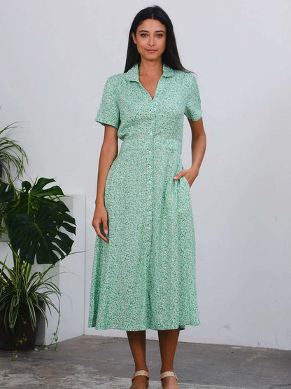 Jonie Dress in Green Ditsy Print by Pretty Vacant